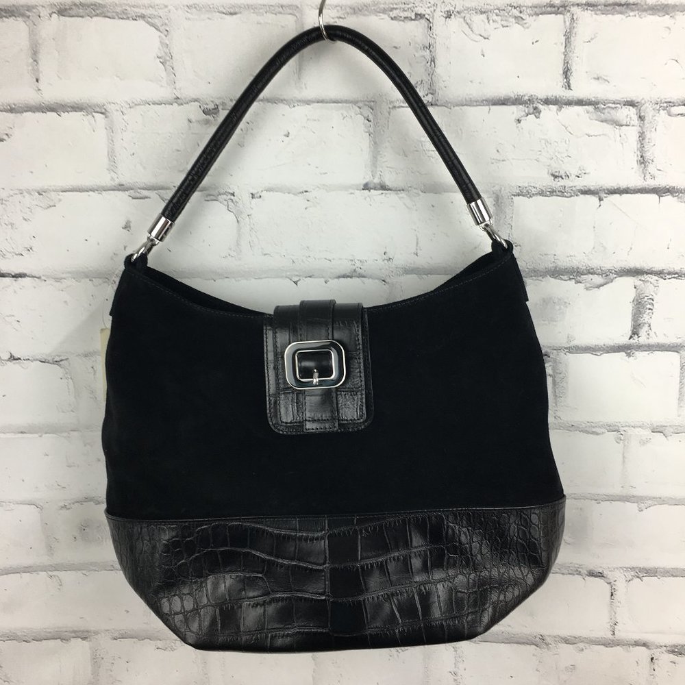 NWT Talbots Black Genuine Leather Handbag w/Silver Hardware Magnetic Closure